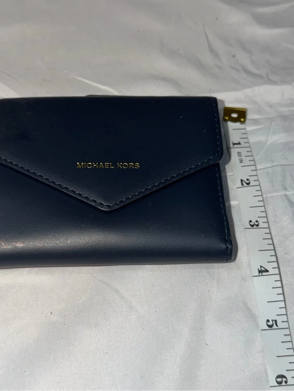 Michael Kors Small Blue Leather Envelope Wallet Gold Logo Compact Trifold Mini